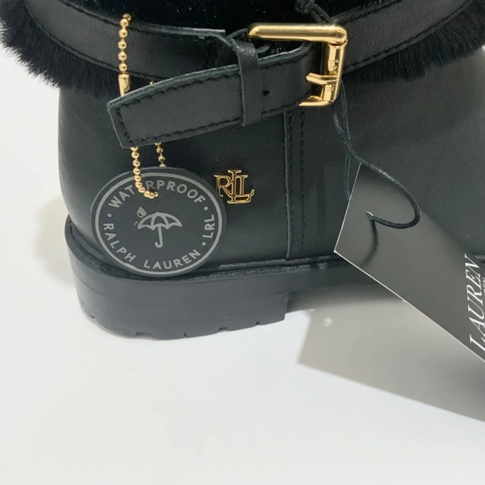 Ralph Lauren Evanston Waterproof Black Leather Winter Warm Fur Moto Boots 7